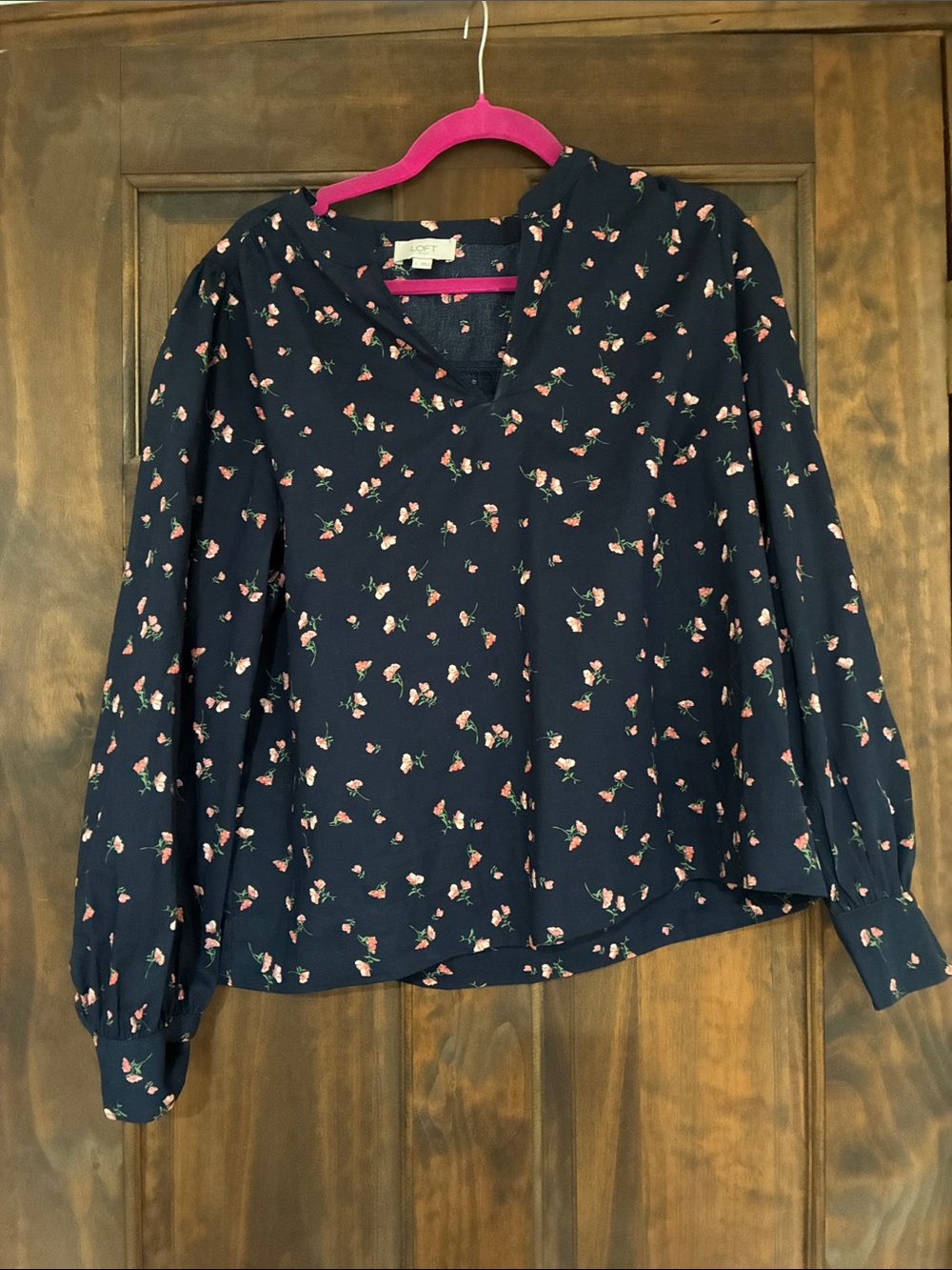 LOFT Navy Floral V-Neck Long-Sleeve Blouse